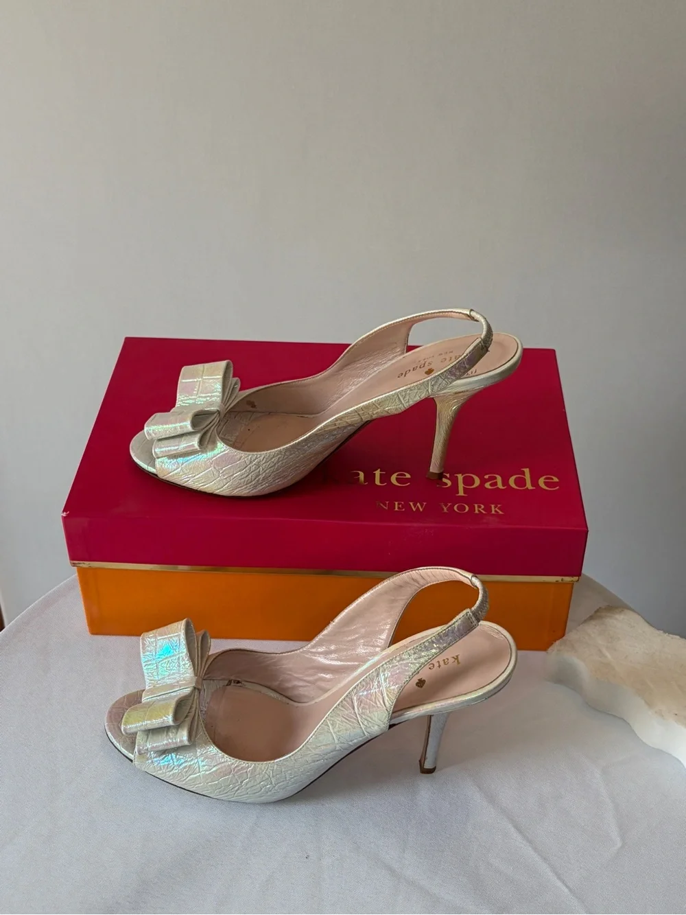 kate spade Iridescent Bow Peep-Toe Slingback Heels - Pearl